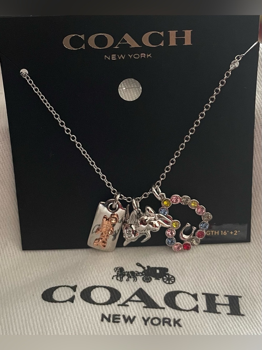 Coach Silver-Tone Necklace with Multicolor Crystal Circle Charm